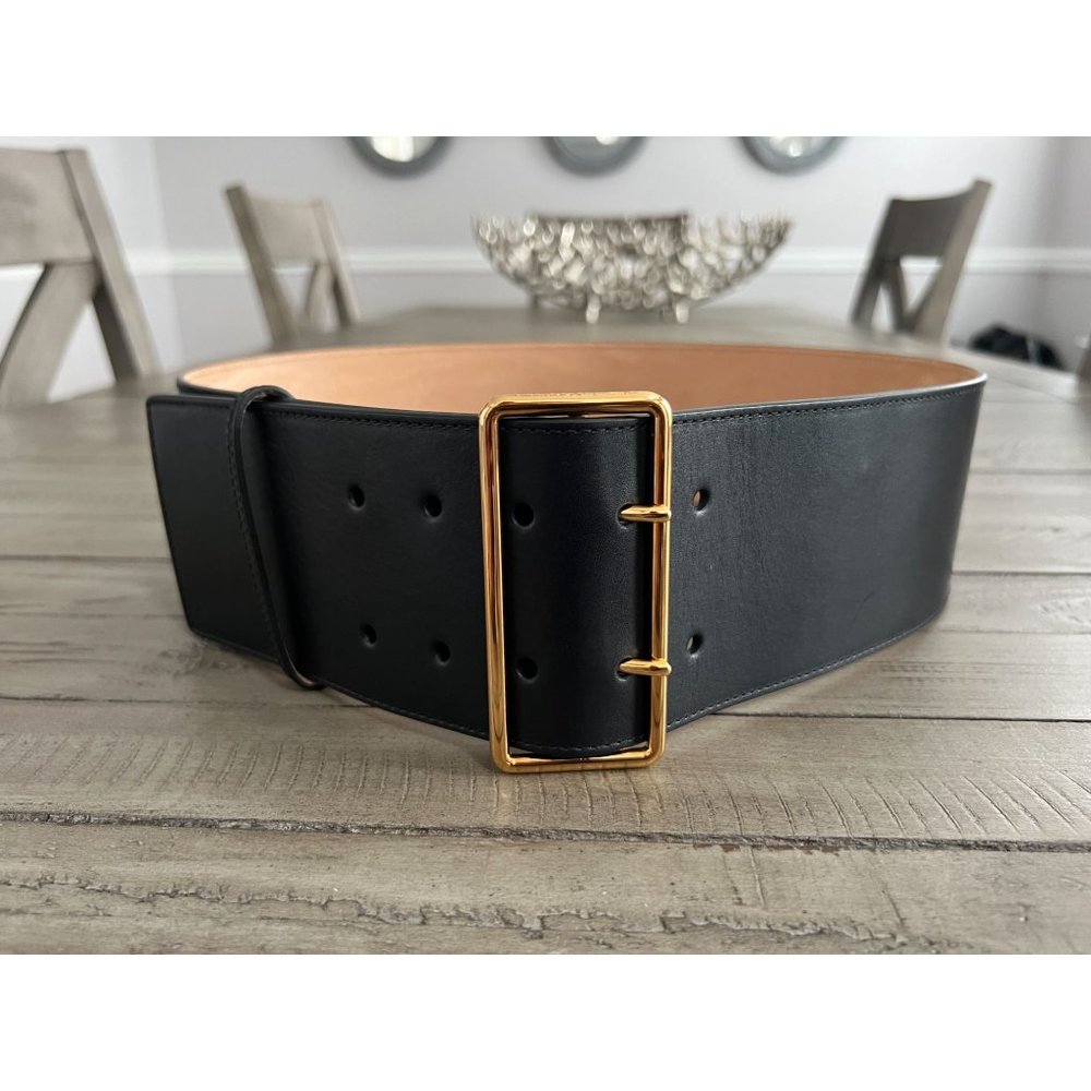 Alexander McQueen Black Leather Wide Belt with Gold Buckle - Picture 6 of 16